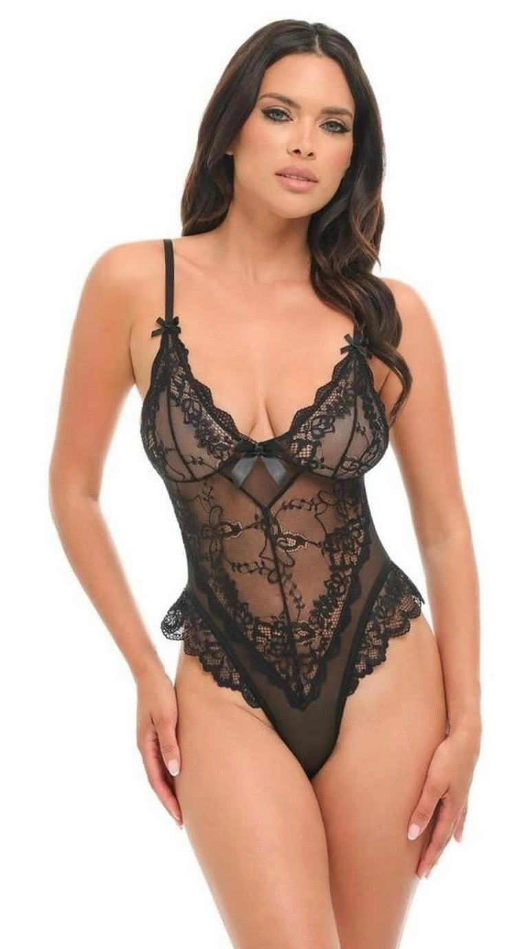 Valentine Sheer Lace Teddy - Black